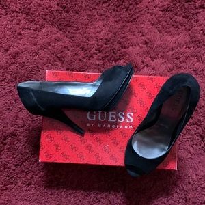 Guess by Marciano peep toes pumps are black suede